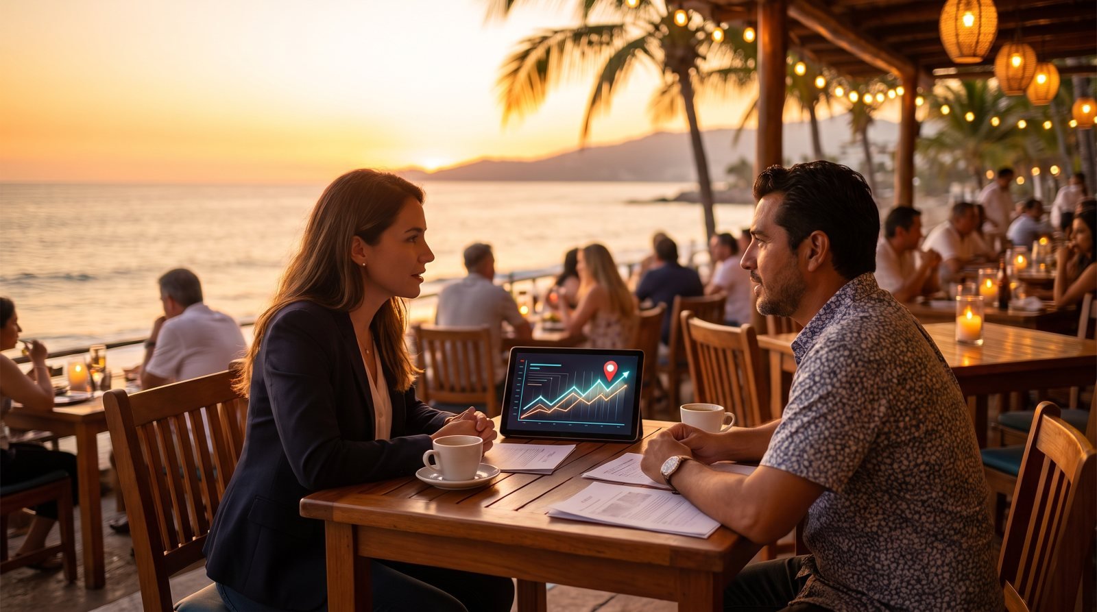 Marketing consultant and restaurant owner reviewing metrics on a tablet at a Puerto Vallarta terrace
