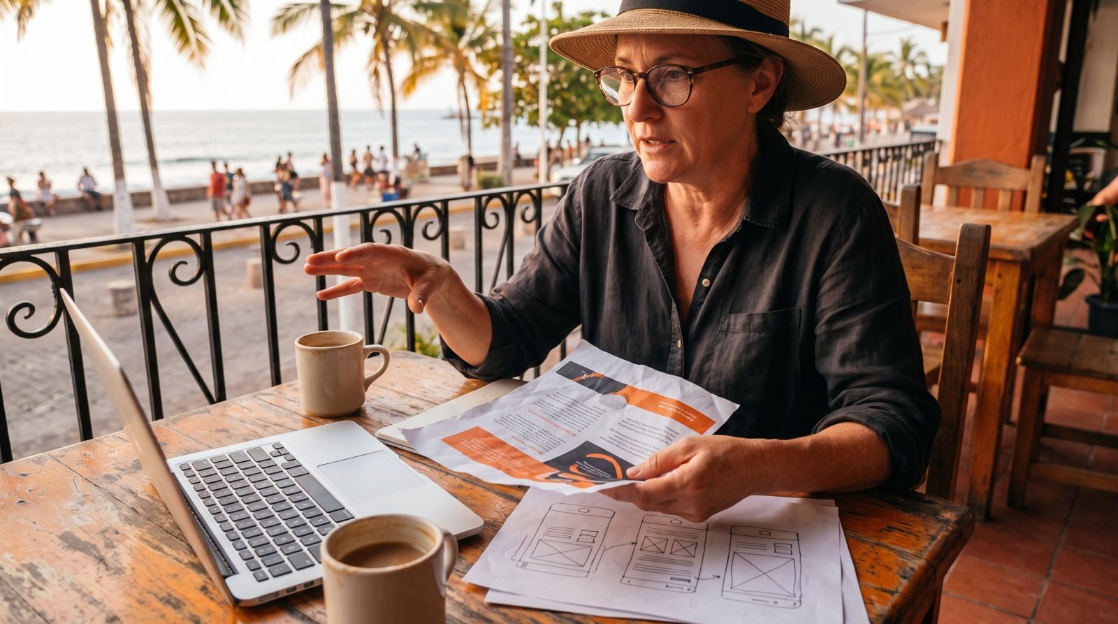 Business owner reviewing a website quote and sketches at a café table in Puerto Vallarta