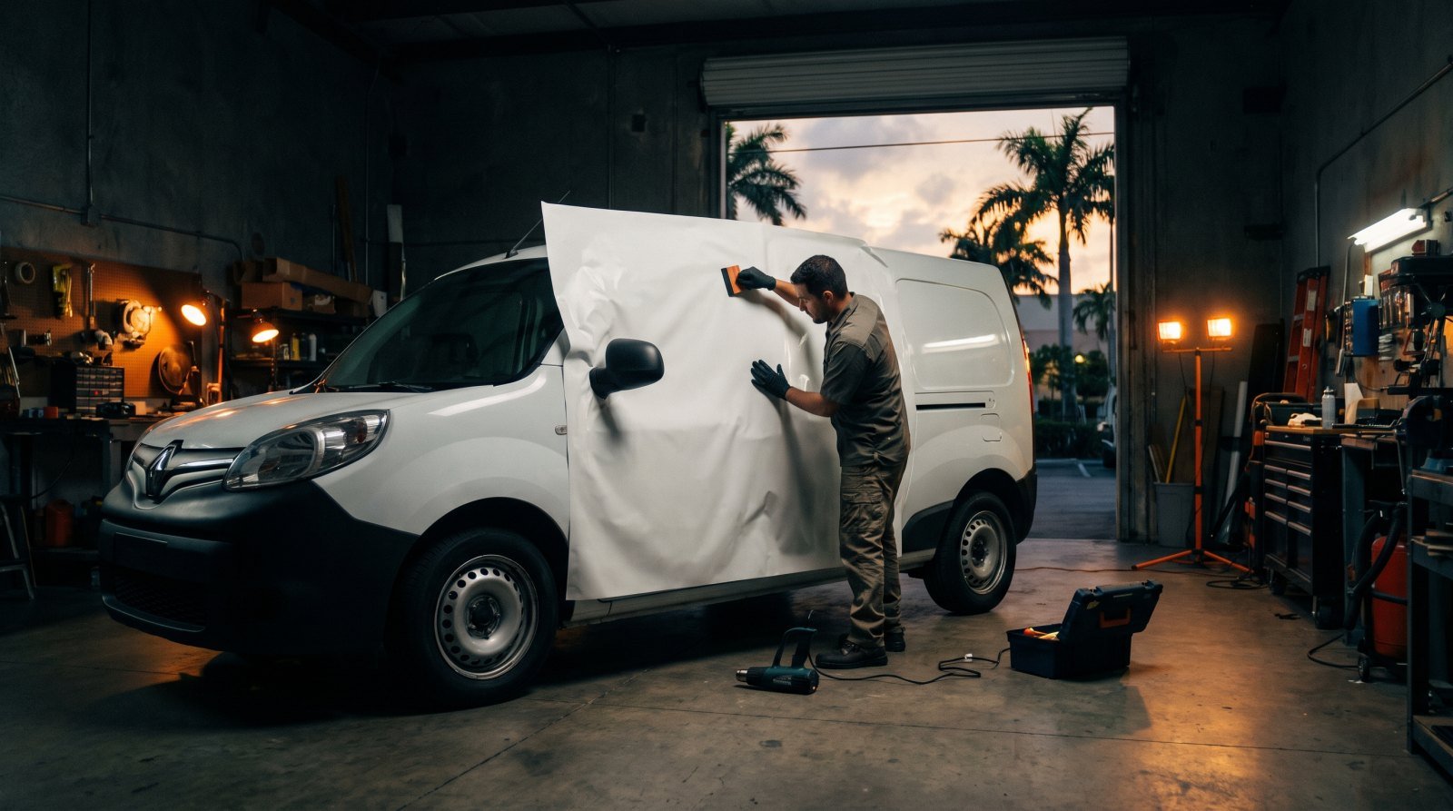Técnico aplicando vinil sobre el costado de una camioneta en un taller de rotulación