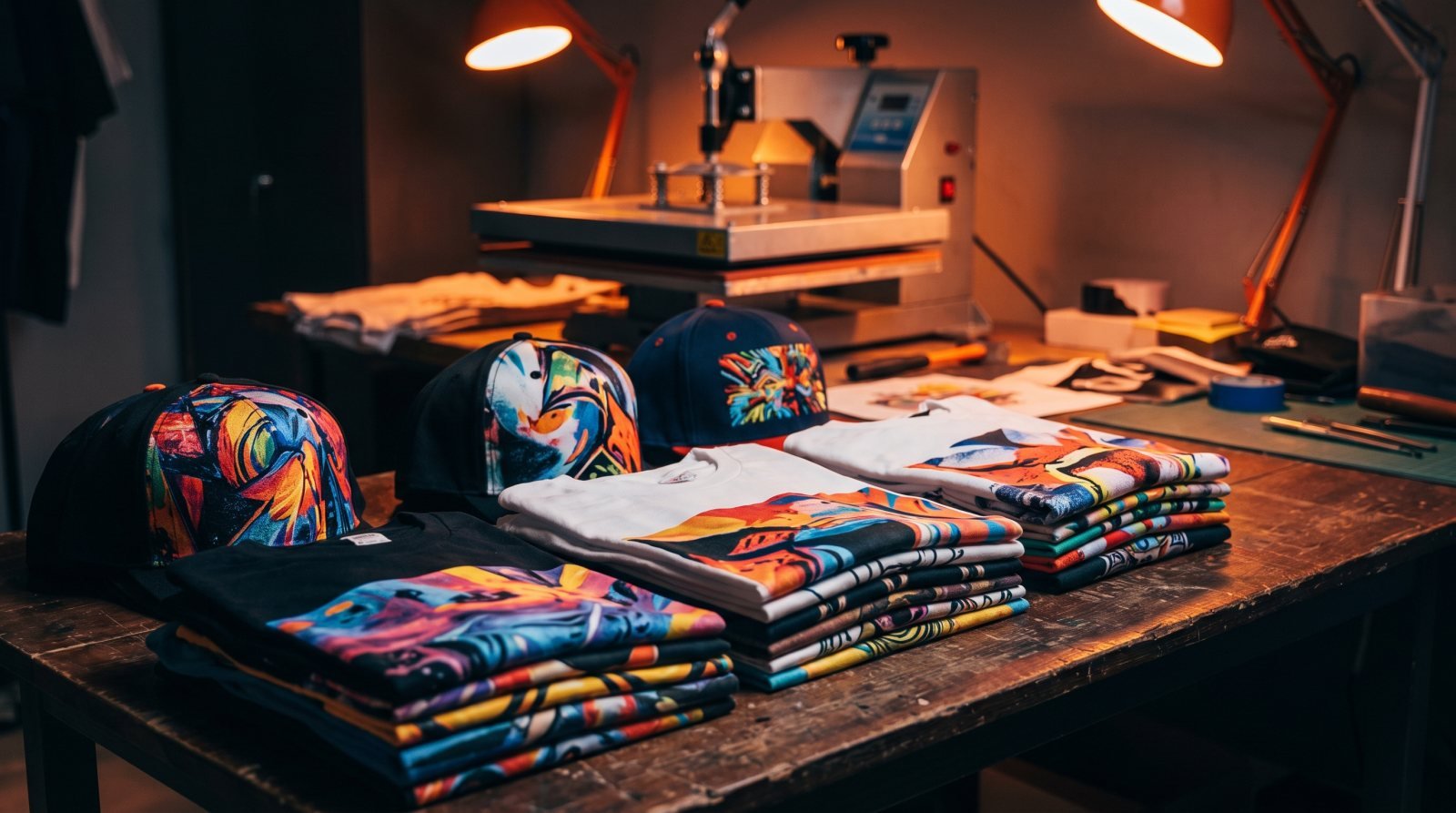 Playeras estampadas recién salidas de la plancha térmica