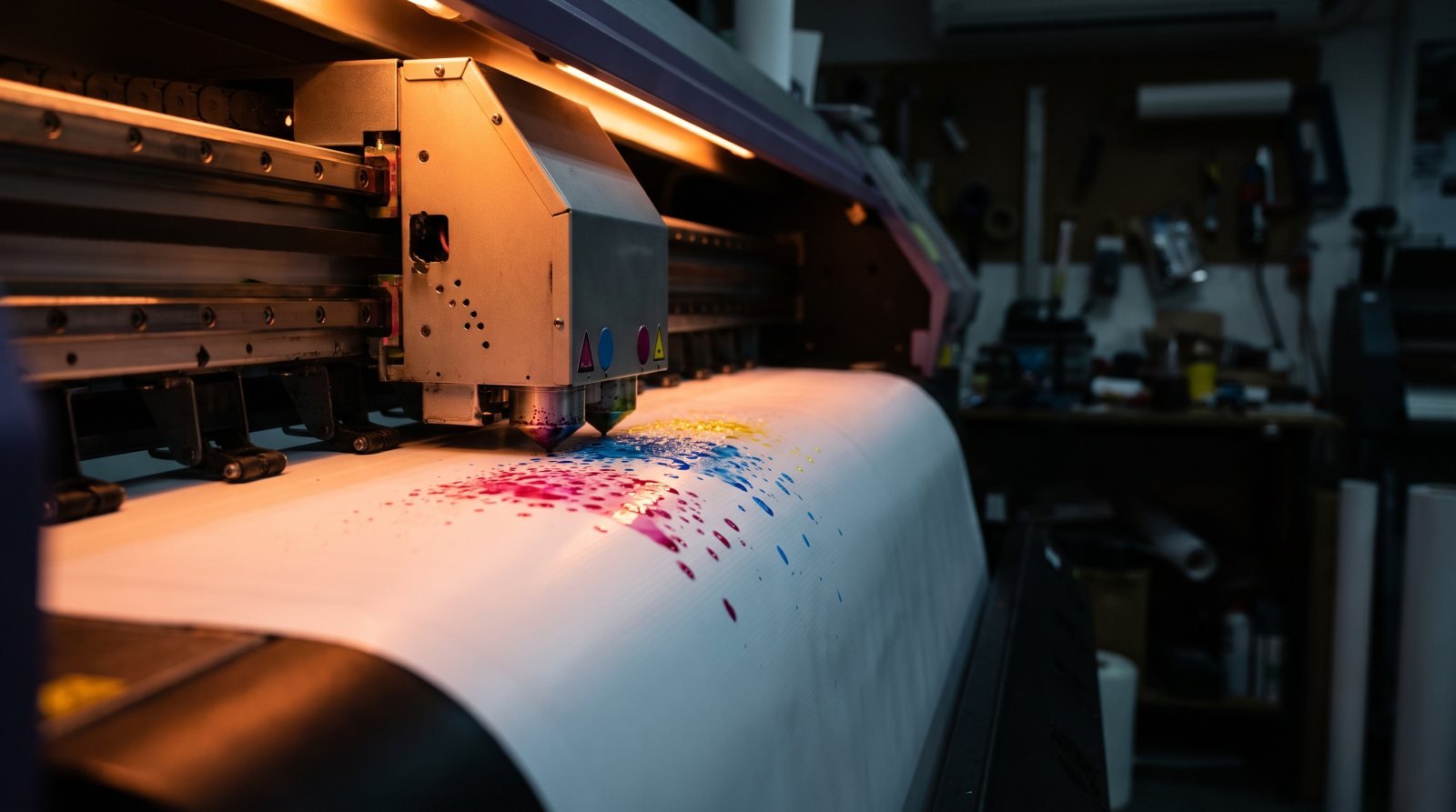 Plóter de gran formato imprimiendo una lona a todo color
