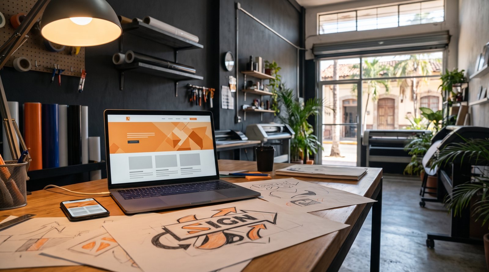Shop desk with a business website on the laptop and its mobile version on the phone